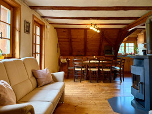 the open-plan living and dining area with fireplace