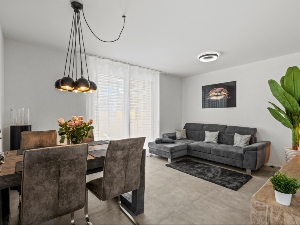 Das Wohnzimmer mit Schlafsofa in der Erdgeschosswohnung.