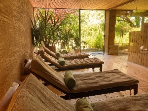 Espace détente avec chaises longues et sauna